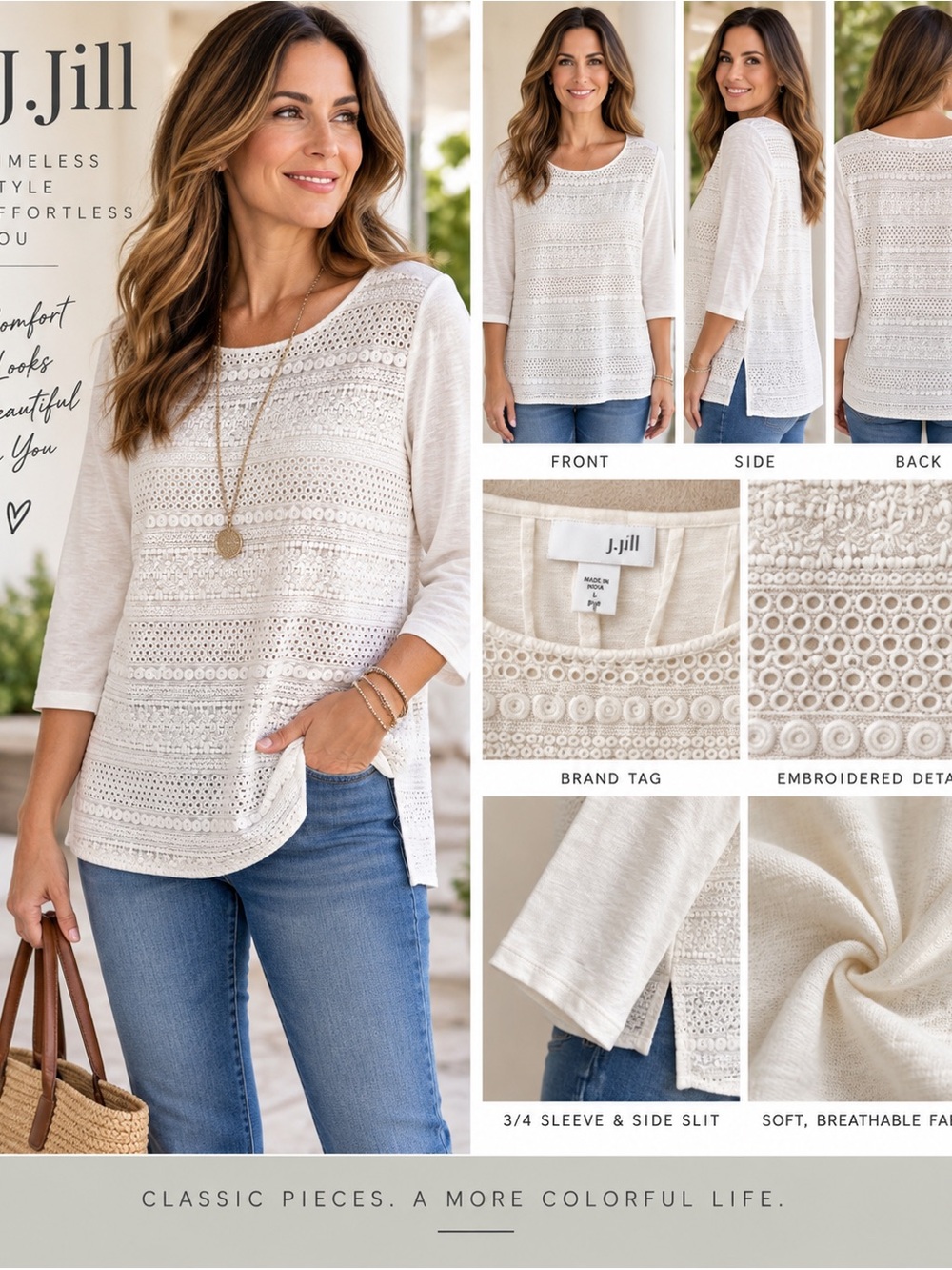 J.Jill White Eyelet Embroidered Tunic Blouse 3/4 Sleeve Large Petite LP